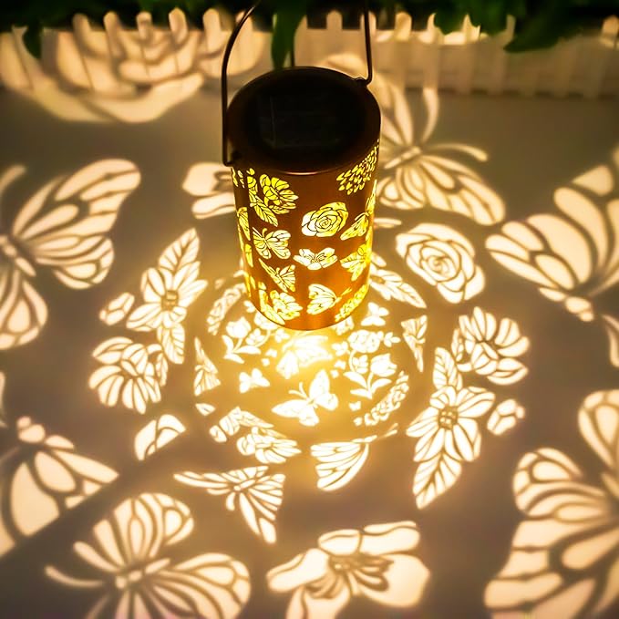 Solar Lanterns Outdoor Waterproof Butterfly Birthday Gifts for Women Mom Grandma Garden Decor Flower Metal Hanging LED Decorative Light for Patio Yard Lawn Backyard Front Porch Gardening Gifts