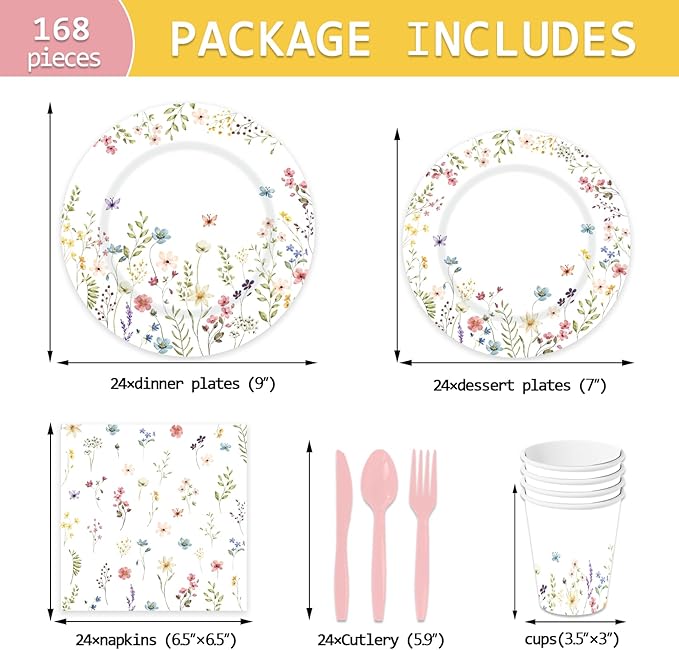 Wildflower Party Supplies Spring Summer Floral Baby Shower Birthday Wedding Bridal Shower Tableware Decorations Paper Plates Cups Napkins Spoons,Knives and Forks Serve 24 Guests