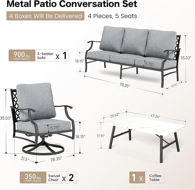 4 Piece Metal Outdoor Patio Furniture Set, Patio Conversation Sets 1 3-seater Sofa, 2 Swivel Chair with 5.75" Extra Thick Cushion and Coffee Table, Black Frame Backyard Furniture, Gray