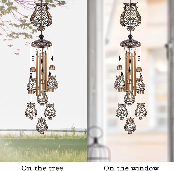 Bronze Owls Wind Chimes - Garden, Home & Patio, Balconies, Room, Indoor, Outdoor Decoration, Owl Windchimes Decor, Large Windchime, Outdoor Wind Catcher, Memorial Wind Bells Gifts for Mom & Women