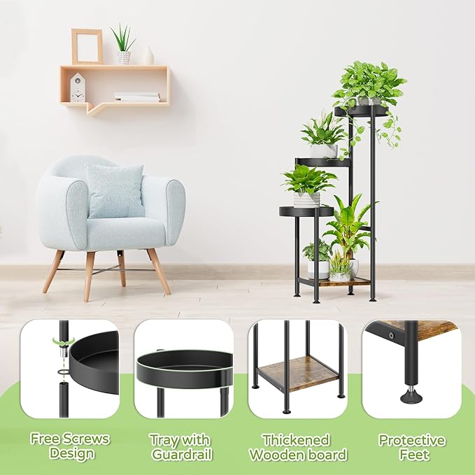 Plant Stand Indoor Outdoor Clearance, 4 Tier Tall Corner Metal Flower Pot Shelf Holder, Multiple Heavy Duty Plants Display Rack for Patio Orchid Office Porch Living Room Garden Balcony, Black