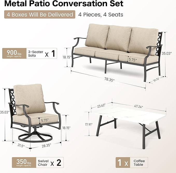 Patio Furniture Set, 4 Piece Modern Metal Outdoor Patio Furniture, 3 Seater Couch, 2 swivel Chairs, Coffee Table and 5.75" Extra Thick Cushion, Patio Conversation Set for Backyard Deck