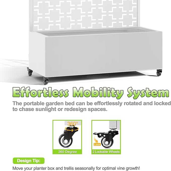 15.7"×70.9"×35.4" Metal Raised Garden Bed with Trellis and Wheels - Tall Trellis Planter Box for Climbing Plants, Vegetables & Vines - Outdoor Privacy Planters for Patio (White-Square)