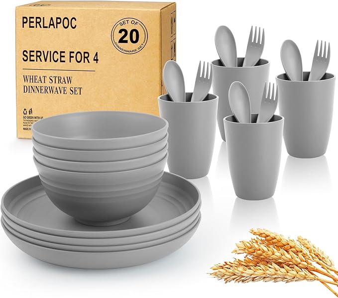 Dinnerware Sets 20 pcs, Wheat Straw Plates and Bowls Sets with Cups Service for 4, Unbreakable Reusable Plastic Plates Set for Kitchen, Office, Travel, Camping - Gray