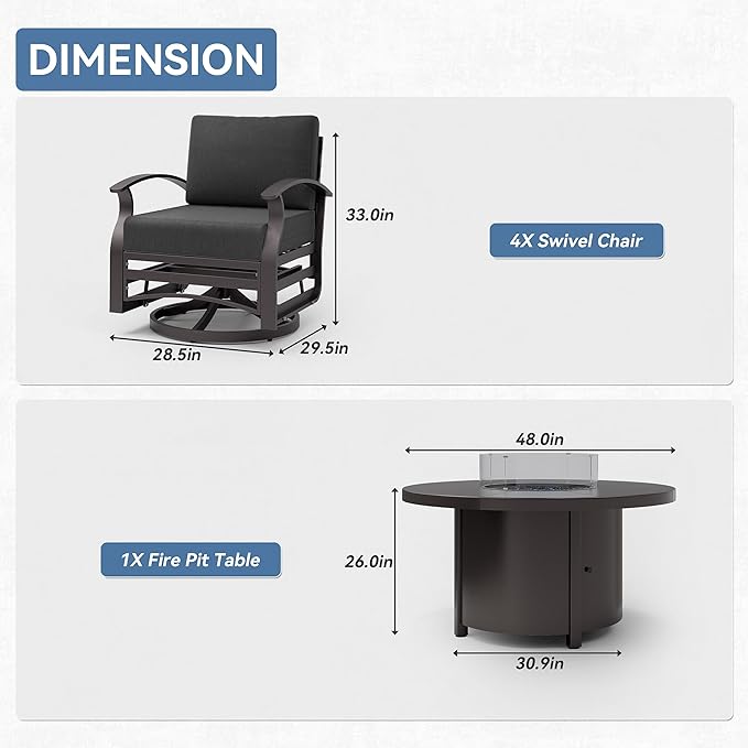Kurapika 5 Piece Modern Metal Outdoor Conversation Sets, Patio Furniture Set, 4 Aluminum Swivel Chairs w/48in Round Propane Fire Pit Table and Thickened Cushions, Black