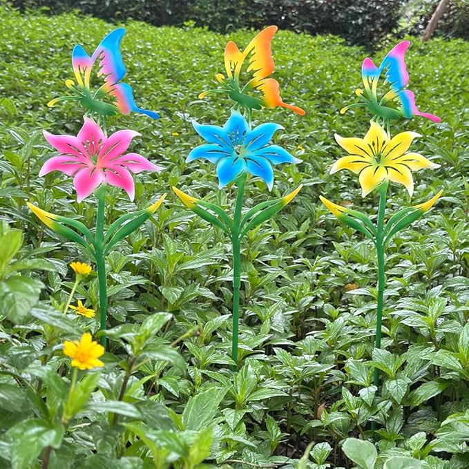 Metal Flowers for Outside, 30.3-22.4" 3-Pack Metal Colorful Butterfly & Flower Decorative Garden Stakes for Spring Garden Decor, Yard Art Decorations for Patio Lawn Ornaments