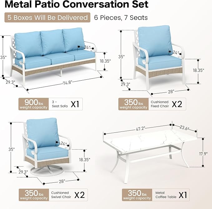 6 Piece Metal Outdoor Patio Furniture Set, Patio Conversation Sets 3-Seater Sofa, 2 Fixed Sofa, 2 Swivel Chair with 5.75" Thick Cushion and Coffee Table White Backyard Furniture, Blue