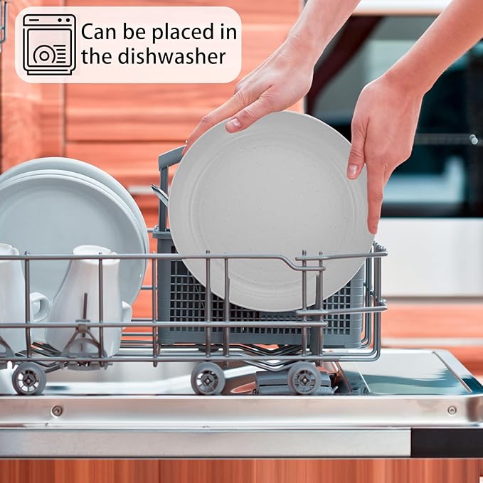 LIYH 48 Pcs Light Grey Plastic Wheat Straw Dinnerware Plates and Bowls Set,Camping Dish Set for 12, Dishwasher Safe Dinnerware Sets, Unbreakable Plates,Camping Dish Sets