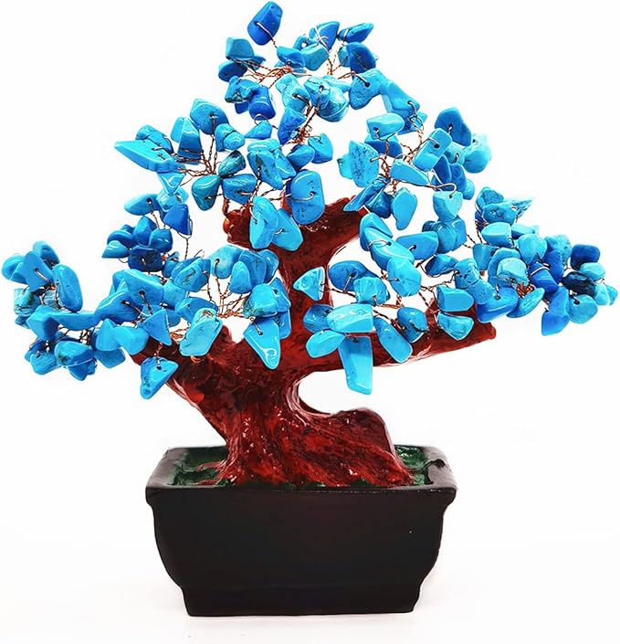 Feng Shui Quartz Crystal Money Tree Bonsai Style Decoration for Luck and Wealth (Blue)