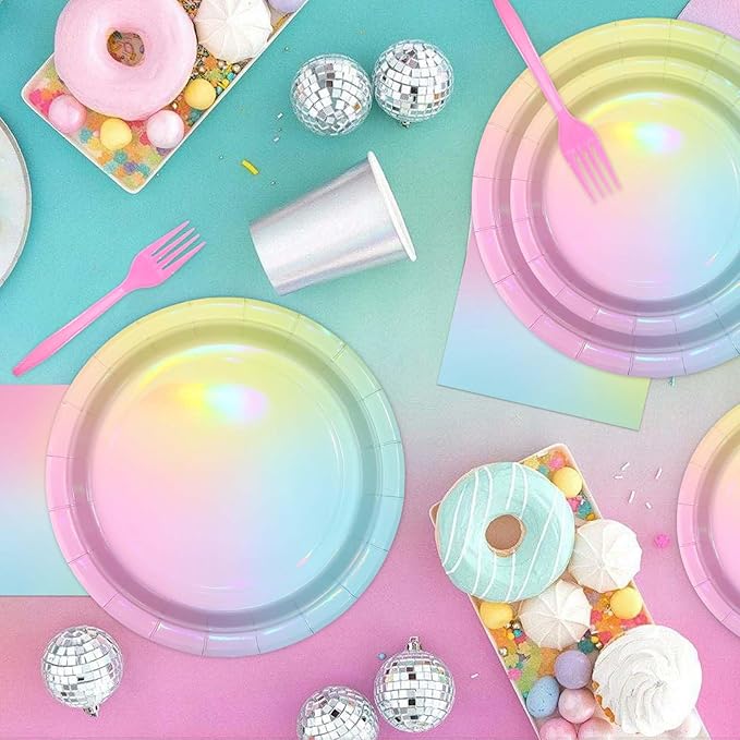 96Pcs Pastel Rainbow Birthday Party Supplies Iridescent Pastel Plates and Napkins Tableware Sets Rainbow Party Decorations for Girls Baby Shower Sprinkle Valentine's Day Party Favors Serves 24