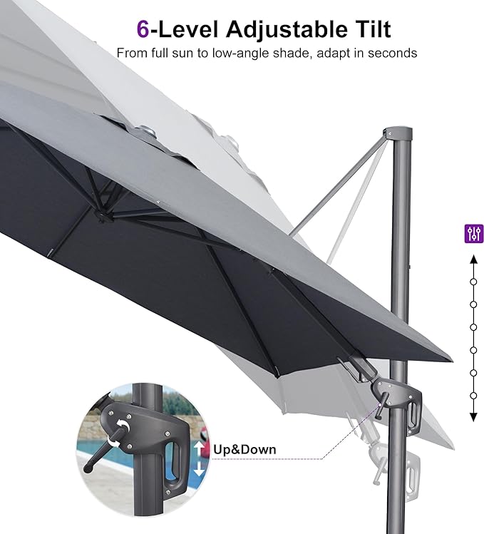 PURPLE LEAF 8' X 10' Swivel Outdoor Patio Aluminum Umbrella with Base Left-right Tilting Cantilever Offset Umbrella with UV Resistant Heavy Duty Fabric for Deck Pool Patio Backyard, Graphite Grey