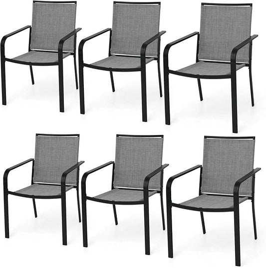 Patio Dining Chairs Set of 6 with Textilene mesh Fabric, Outdoor Space Saving Lawn Chairs for Porch Garden Backyard Poolside Sling Chairs Grey