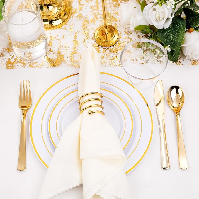 WELLIFE 300Pcs Gold Dinnerware Set for 50 Guests, Gold Rim Plastic Plates Disposable, 50 Dinner and 50 Salad Plates, 50 Cups, 50 Silverware Set for Party