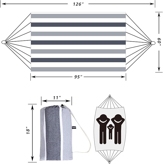 Double Hammock Brazilian Hammocks with Portable Carrying Bag,Soft Woven Fabric, Up to 450 Lbs Hanging for Patio,Trees,Garden,Backyard,Porch,Outdoor and Indoor XXX-Large Grey&White Stripe