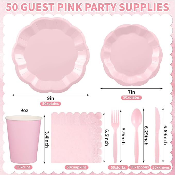 350 Pcs Light Pink Party Supplies Include Scalloped Plate Napkin Cup Forks Knives, Plastic Cutlery 50 Guest Disposable Party Tableware Set for Wedding Baby Shower Bridal Shower Birthday Parties