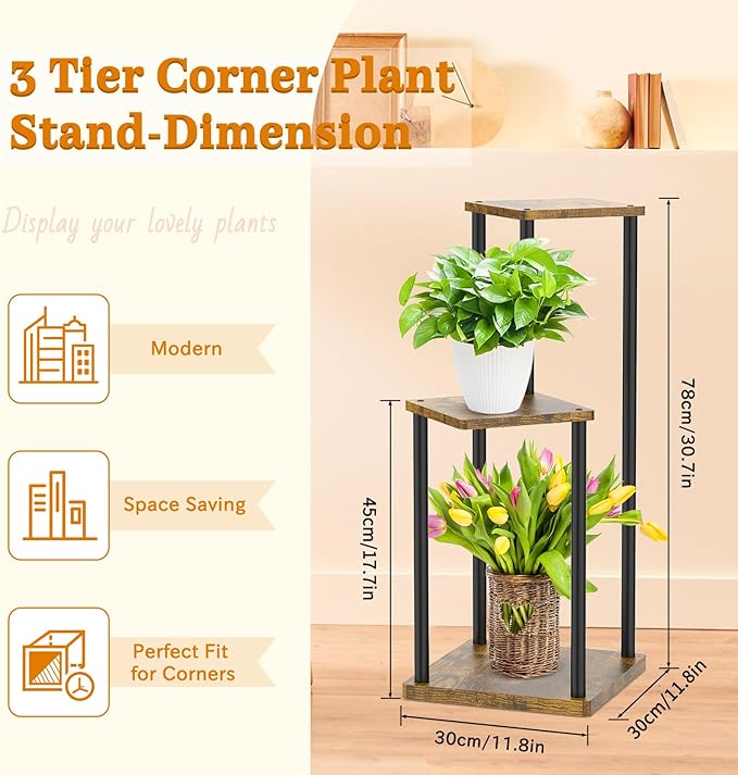 3 Tier Plant Stand Indoor, Metal Wood Tiered Corner Plant Stands Pot Holder, Wood Flower Shelf Orchid Display Rack for Living Room Bedroom Outdoor Balcony Garden Patio, Black