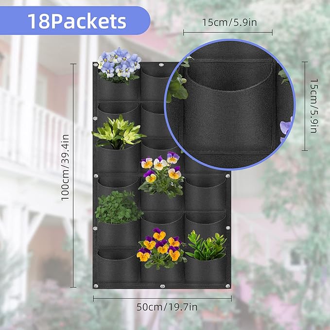 18 Pockets Hanging Planter Bags, Hanging Vertical Wall Mounted Plant Planting Grow Bags, Herb Garden Planter Outdoor Indoor Growing Bag, Gardening Vertical Greening Flower Container(1m×0.5m, Black)