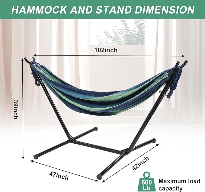 Hammock with Stand for Outside,600lb Weight Capacity 3-in-1 Adjustable Height Portable Hammock for Outdoor&Indoor Camping Backyard Bedroom(Hammock, Stand & Carry Bag)