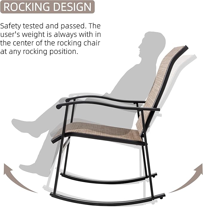 Vongrasig 3 Piece Outdoor Rocking Bistro Set, Textilene Fabric Small Patio Furniture Set, Front Porch Rocker Chairs Conversation Set with Glass Table for Lawn, Garden, Balcony, Poolside (Brown)