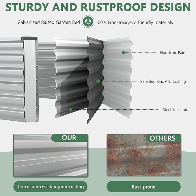 FOOWIN 4pcs 8x4x2ft Galvanized Raised Garden Bed, Planter Raised Garden Boxes Outdoor, Large Metal Raised Beds for Gardening, Garden Bed for Vegetables, Flowers, Herb,478 Gallon Capacity, Silver