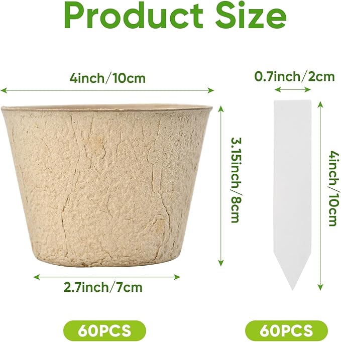 4” Peat Pots with 60Pcs Plant Labels, Biodegradable Pots for Seedlings with Drainage Holes, Garden Plant Nursery Pots Seed Starting Trays