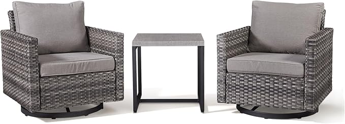 Outdoor Swivel Rocker Patio Chairs-3 Pieces Wicker Swivel Patio Chairs Set of 2 with Matching Side Table, Thick Cushions High Back Outdoor Furniture Set for Deck Porch Balcony(Grey/Grey)