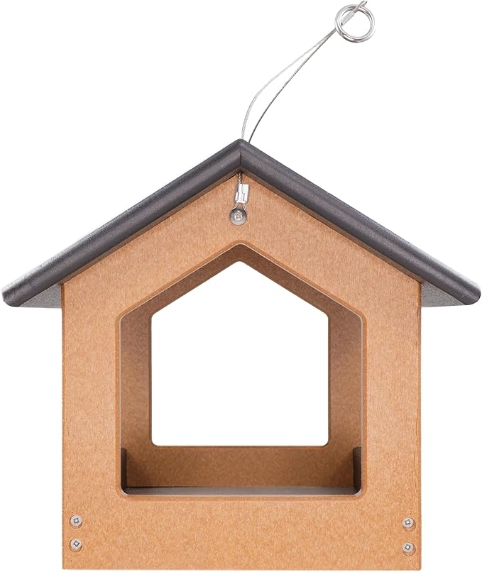 DutchCrafters Amish USA Made Recycled Plastic Large Hanging Modern Fly Through Covered Roof Open Platform Tray Bird Feeder for Outdoors, Garden, Yard (Black & Bright Cedar)