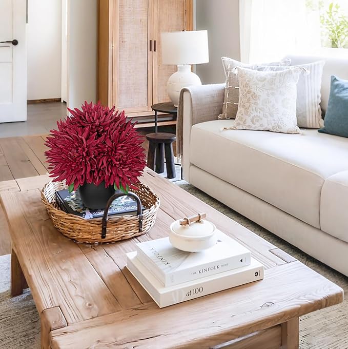 Hollyone Artificial Mums Flowers in Vase Faux Chrysanthemum Silk Flower Potted Plant Fake Plants & Flowers with Pot Floral Arrangements Bouquets Pincushion Spider Mum Flower Home Decor Red