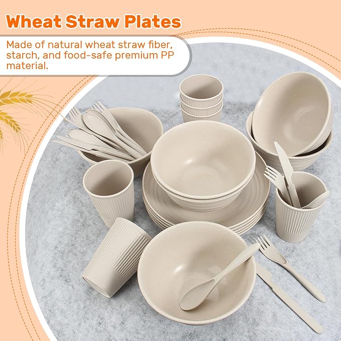 Wheat Straw Dinnerware Sets - SGAOFIEE 36 Piece Unbreakable Dinnerware Sets, Reusable Wheat Straw Plates and Bowls Sets, Travel Camping Cutlery Set, Dishwasher Microwave Safe Dinnerware-Beige White