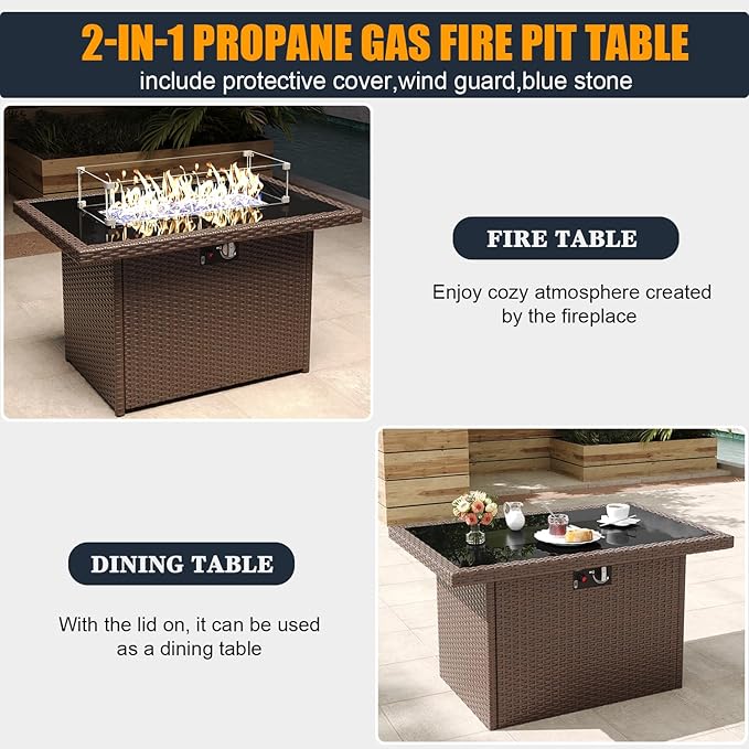 7 Pieces Outdoor Patio Furniture Set with Fire Pit Table, Wicker Patio Sectional Set Conversation Wicker Swivel Chairs with Small Side Table