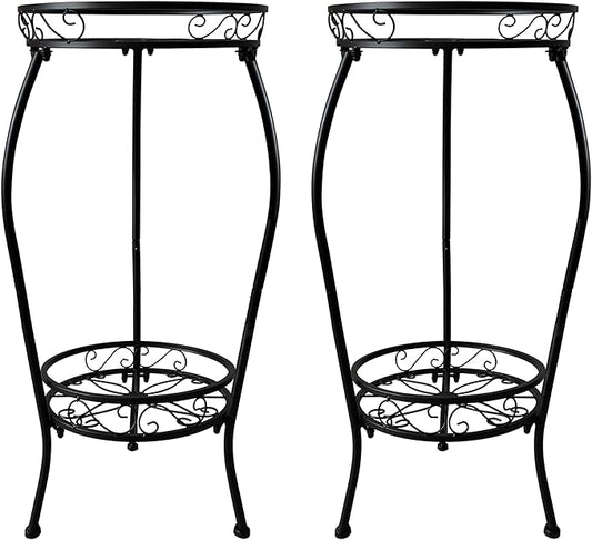 Metal Plant Stand 2 Tier Indoor Outdoor, 2 Pack Tall Flower Pot Shelf Rustproof Stable Heavy Duty Corner Stand, 28 inch Multiple Plant Display Rack for Living Room Patio Balcony Garden