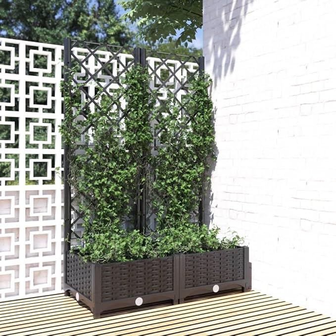 Garden Planter Box with Trellis, Outdoor Raised Garden Bed for Climbing Plants, Black 31.5"x15.7"x47.8" PP