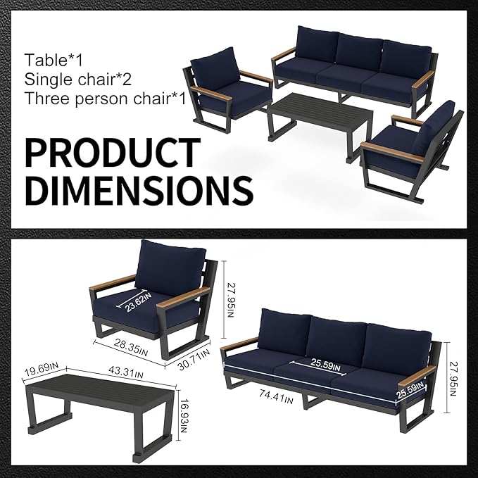 Aluminum Outdoor Sofa,4 Seats Modern Patio Furniture Set,Sectional Sofa Conversation Set with Coffee Table, Upgraded Washable Cushions for Garden Backyard,Blue