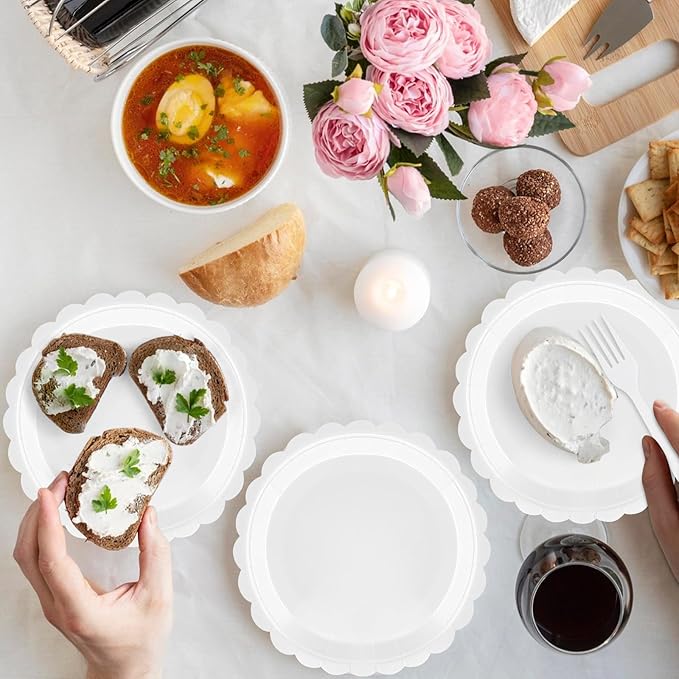 White Paper Plates and Napkins,7 Inch White Scalloped Disposable Dessert Plates Paper Napkin Fork Party Supplies for Wedding Baby Shower Birthday(25 Guest)