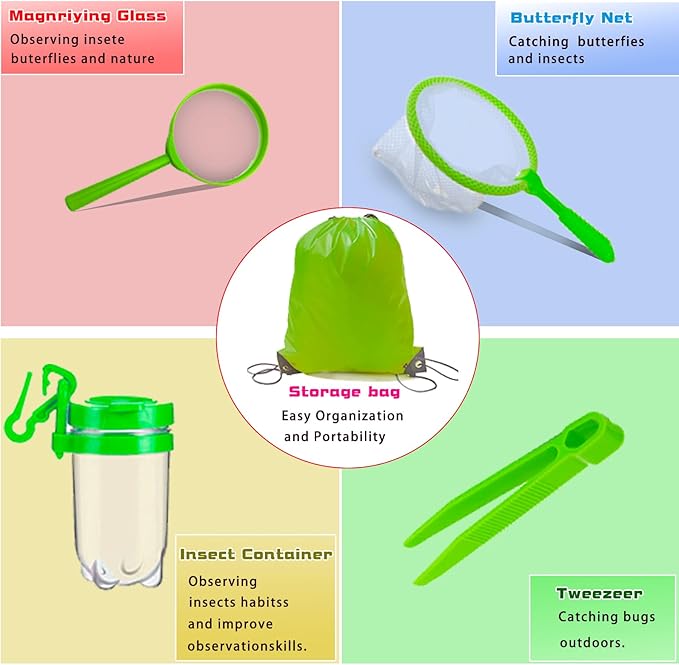 Bug Catcher for Kids - Outdoor Insect Catching Kit with Butterfly Net, Bug Box, and Storage Bag - Non-Toxic Educational Toys for Nature Exploration, for Boys & Girls Ages 3-12