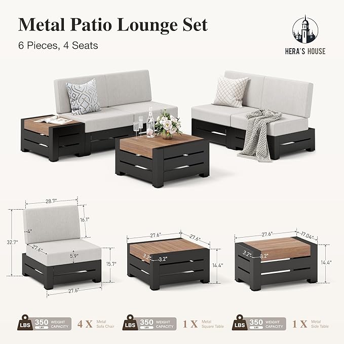 HERA'S HOUSE Patio Furniture Set 6-Piece, All Weather Outdoor Sectional Sofa with Coffee Table & Side Table, 5.9" Thick Waterproof Cushions, Modular Conversation Set for Garden, Deck, Backyard