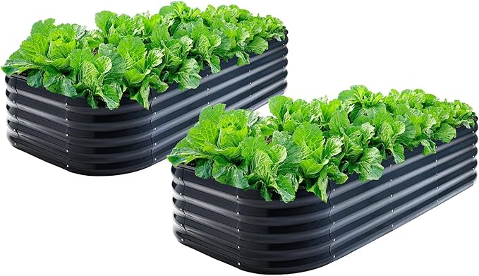 2Pcs Galvanized Steel Raised Garden Bed 8x2ft Oval - 17" Tall 9-in-1 Modular Planter Box for Vegetables/Flowers, Rust-Proof Metal Outdoor Planters Rubber Edging (Grey)