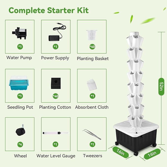 BAOSHISHAN Vertical Hydroponic Garden Tower, 40 Pods 8 Tiers Hydroponics Tower Outdoor, Vertical Hydroponic System with Water Pump for Vegetable Herb Fruit