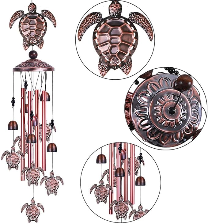 Sea Turtle Wind Chimes Outdoor Indoor Decor - With 4 Tubes 6 Bells 7 Turtles 37In Waterproof Suspension Mobile Tortoise Wind Chimes for Home, Xmas Mom Gifts, Balcony, Festival, Tree, Garden Decoration