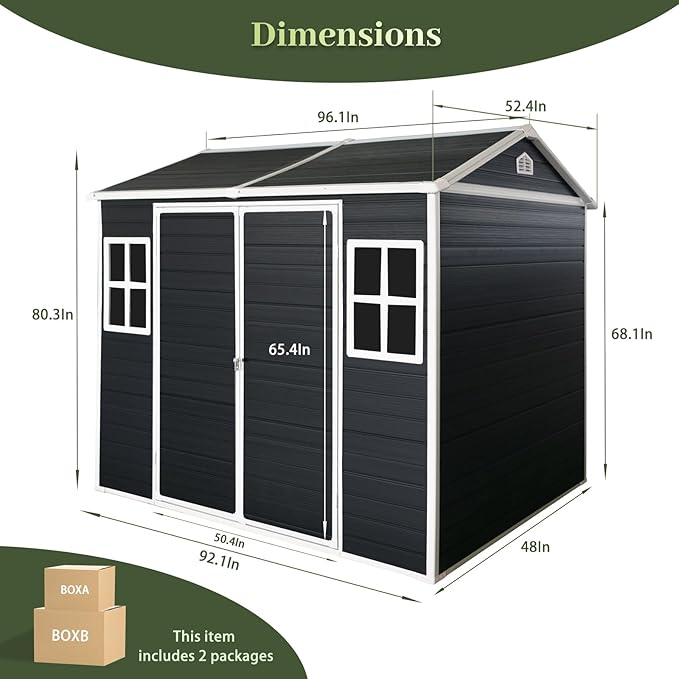 8x4ft Resin Outdoor Storage Shed with Floor and 2 Windows, Plastic Sheds & Outdoor Storage Clearance for Patio Furniture,GardenTools, Bike Accessories and Lawn Mower, Carbon Black