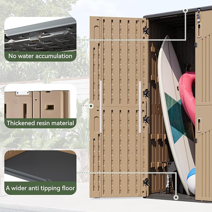 Aoxun Outdoor Storage Shed with Metal Shelving Kit & Floor, 64 Cu.Ft Large Outdoor Storage Cabinet, Waterproof Vertical Resin Shed for Garden Tools, Pool Equipment, Brown