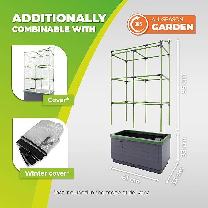 BioGreen Raised Garden Bed with Trellis CITY JUNGLE | 8.98 gal | 13“L x 24“W x 63.4“H | Integrated Irrigation System | Grey Self-Watering Planter Box