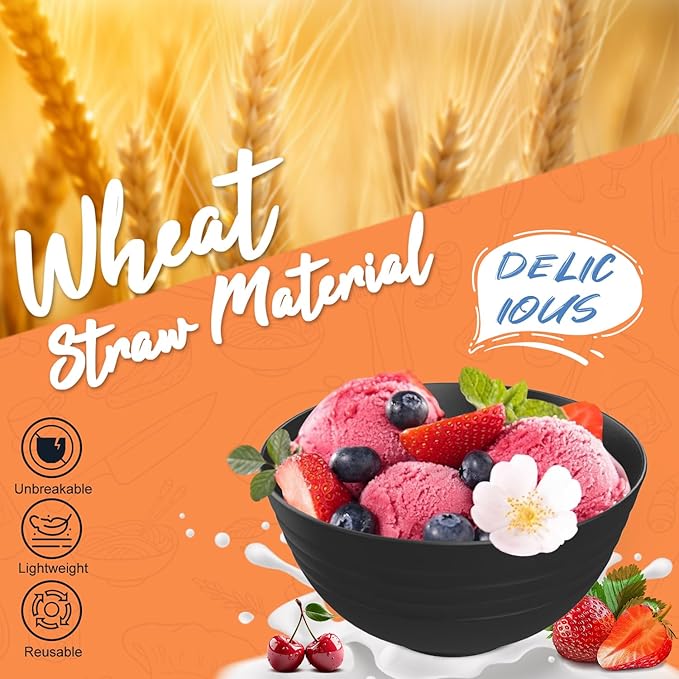 Wheat Straw Dinnerware Sets, Unbreakable Plates and Bowls Sets 20-Piece Service for 4，Plastic Outdoor Camping Dishes, Microwave & Dishwasher Safe - Black