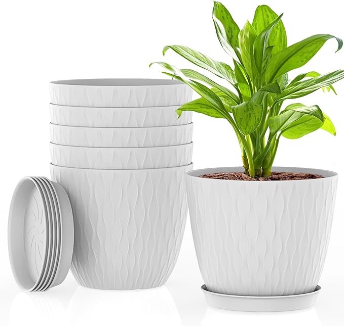 6 Inch Plant Pots, 6 Pack Flower Pots for Indoor and Outdoor Use, Planters with Drainage Holes and Saucers, White