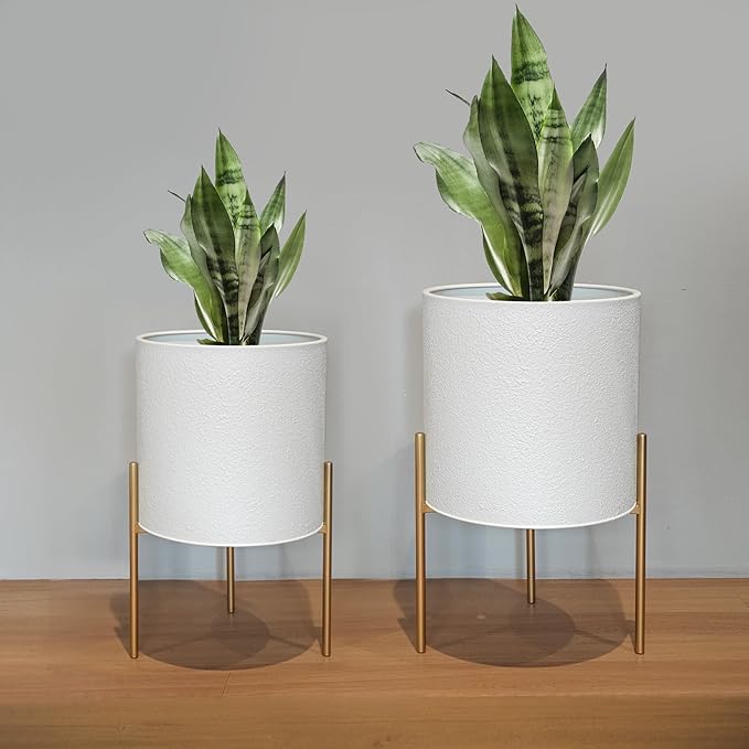 ARNIS Modern Planter Pots, Large Planters with Stand, Set of 2 Metal Planters for Indoor Plants with Drainage Holes for Living Room, Office, Garden or Balcony (White, 10.5 &12.25 Inch)