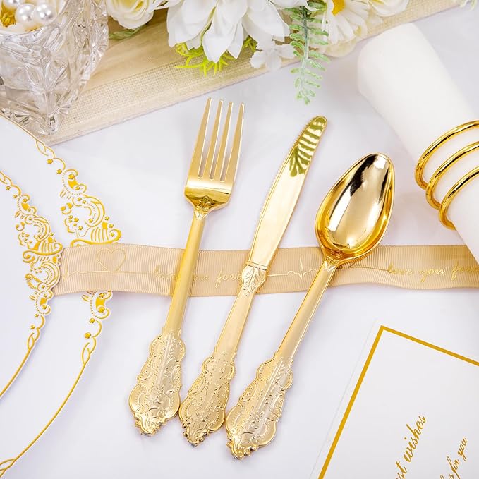 Hioasis 175pcs White and Gold Plastic Plates - Elegant Disposable Dinnerware Set Suitable for 25 Guests Include 10.25" Dinner & 7.5" Dessert Plates, Cutlery, Napkins, Cups for Party & Thanksgiving