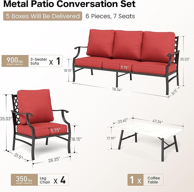 6 Piece Metal Outdoor Patio Furniture Set, Patio Conversation Sets 1 3-Seater Sofa, 4 Fixed Chairs with 5.75" Thick Cushion and Coffee Table, Backyard Furniture Set for Deck, Red