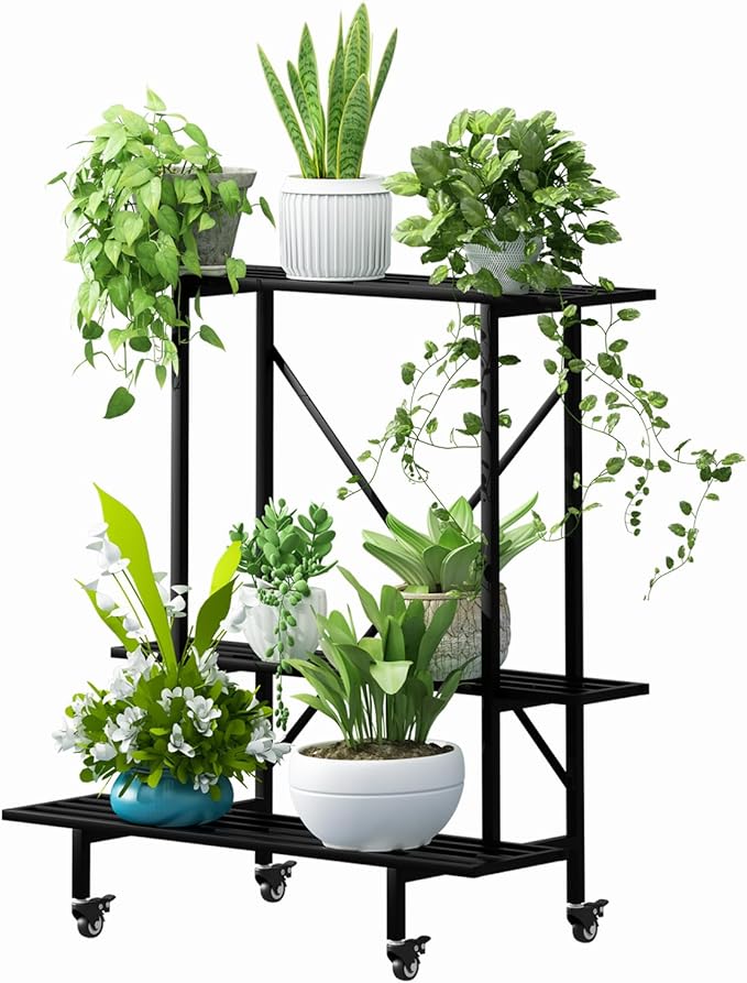 Zhongma 3 Tier Metal Heary Duty Plant Stand with Wheels, 35.43 L x 17.5 W x 38.6H . Space saving Plant Stand