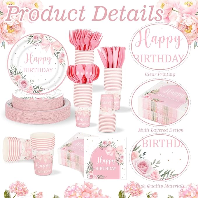 350 Pcs Coquette Pink Bow Happy Birthday Paper Plate Cute Disposable Tableware Set With Knives Fork Napinks for Baby Shower Birthday Party Favor Supplies Decorations Serves 50 Guests