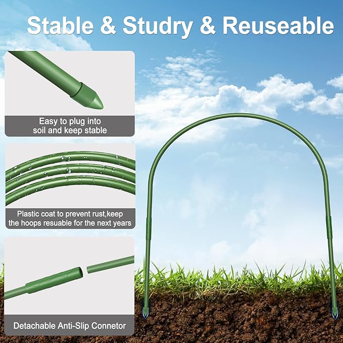 FOTMISHU 6Pcs Greenhouse Hoops, 23.6" x 25.6" Garden Hoops Rust-Free Grow Tunnel 4.9ft Long Steel with Plastic Coated Support Hoops Frame for Garden Fabric, Plant Support Garden Stakes